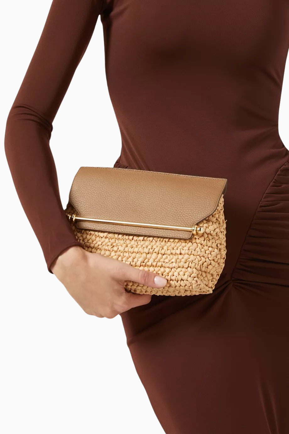 Stylist Crossbody Raffia ve Kil Rengi Dana Deri Lüks Çanta, Günlük ve Gece Kullanımı