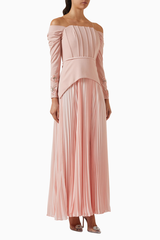 Off-shoulder Pleated Pembe Maxi Kadın Elbise