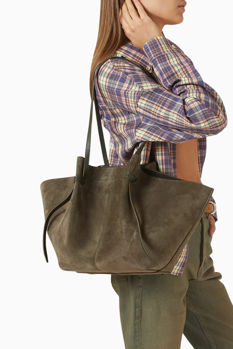 Large Mochi Yeşil, İtalyan Süet Deri, Knotted Askılı Lüks Tote Çanta