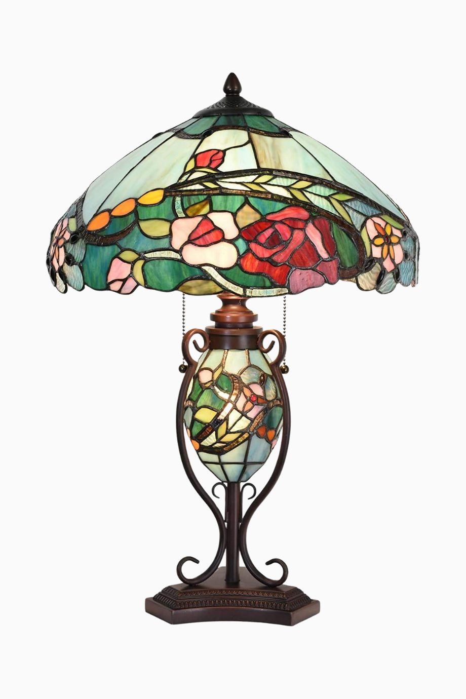 El Yapımı Tiffany Style Gül Desenli Işıklı Tabanlı Masa Lambası 24 İnç