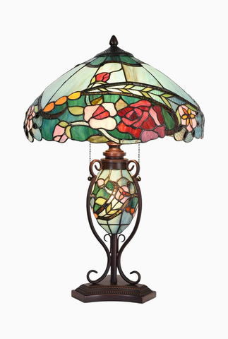 El Yapımı Tiffany Style Gül Desenli Işıklı Tabanlı Masa Lambası 24 İnç