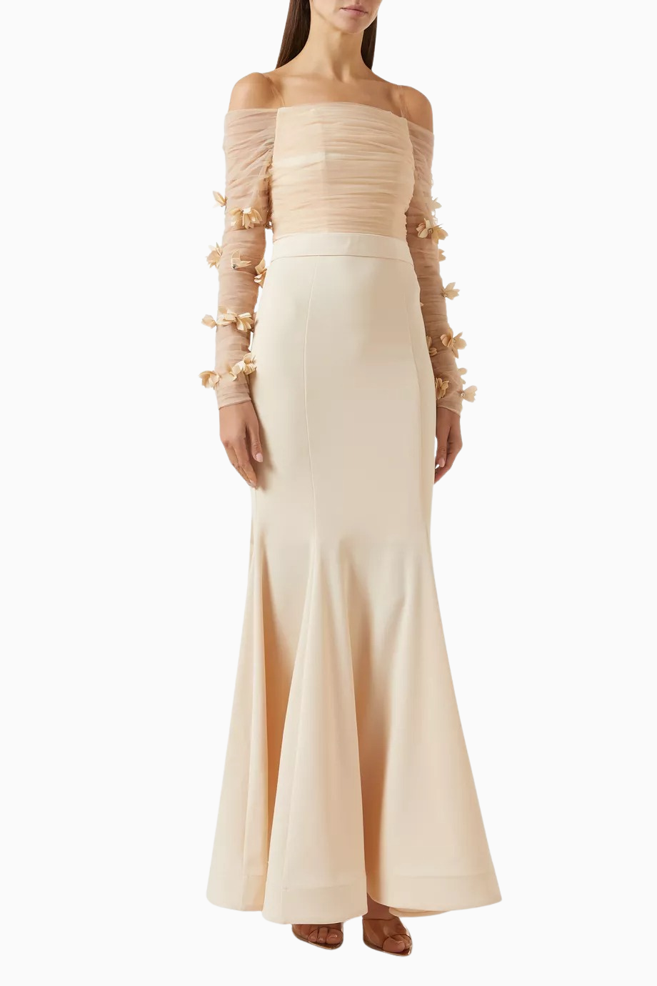 Off-Shoulder Çiçek Aplikeli Abiye