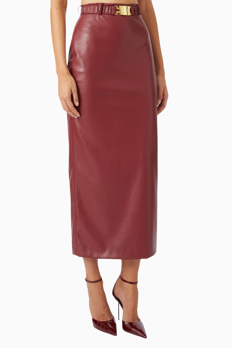 Belted Maxi Skirt, Lüks Koyu Kırmızı Eco Leather Kuşaklı ve Yırtmaçlı Deri Etek