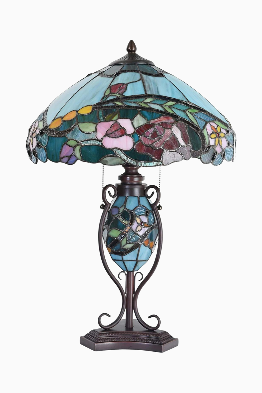 El Yapımı Tiffany Style Gül Desenli Işıklı Tabanlı Masa Lambası 24 İnç