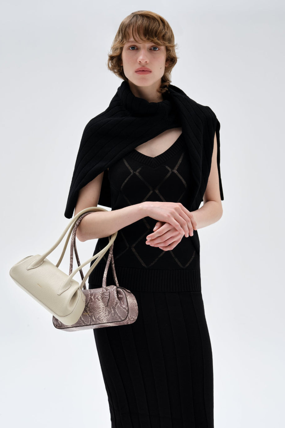 Oyster Mini Shoulder Ash Snake %100 Deri, El İşçiliği Lüks İtalyan Tasarım Omuz Çantası