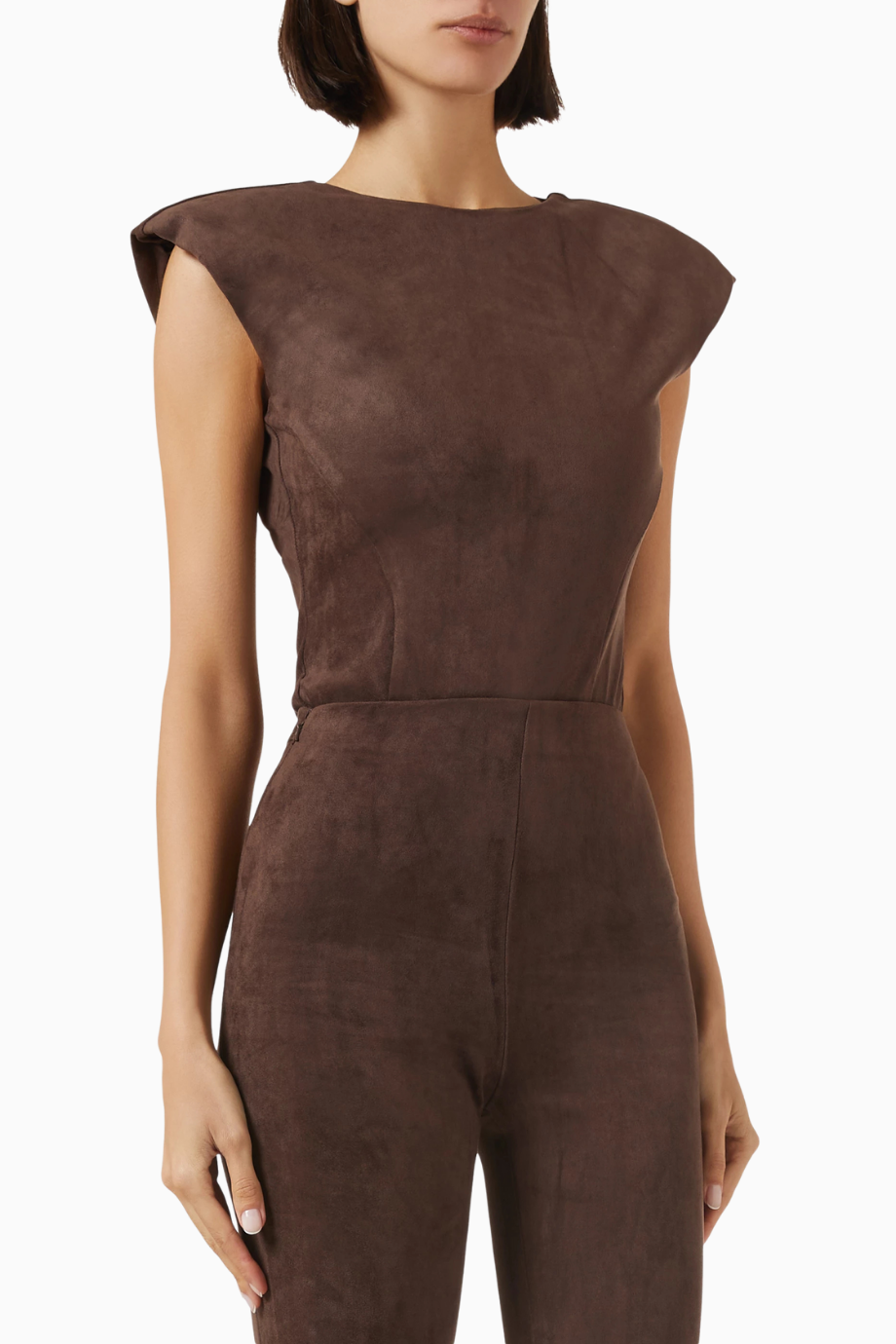 Wide-Shoulder Bodysuit, Koyu Kahverengi Faux Suede, Geniş Omuzlu Lüks Bodysuit