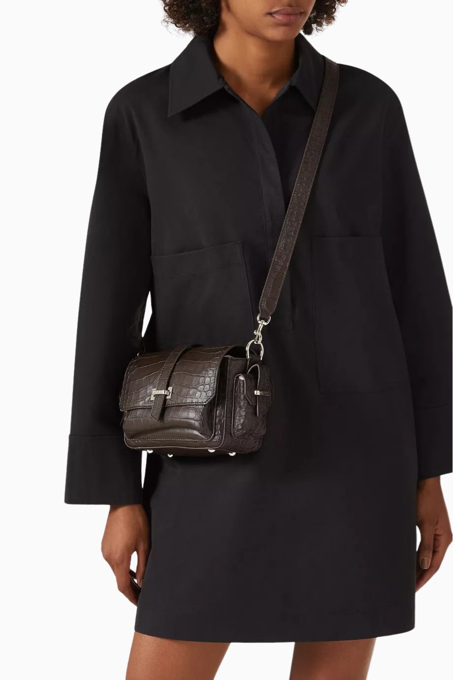 Small Flap Kahverengi Kroko Baskılı Deri, Zarif ve Lüks Mini Omuz Çantası, Yeni Sezon