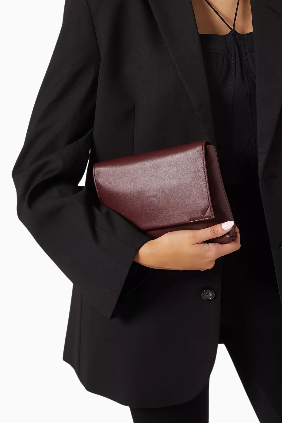 Sheath Bordo Deri Katlamalı, Manyetik Kapaklı Kadın Clutch Çanta