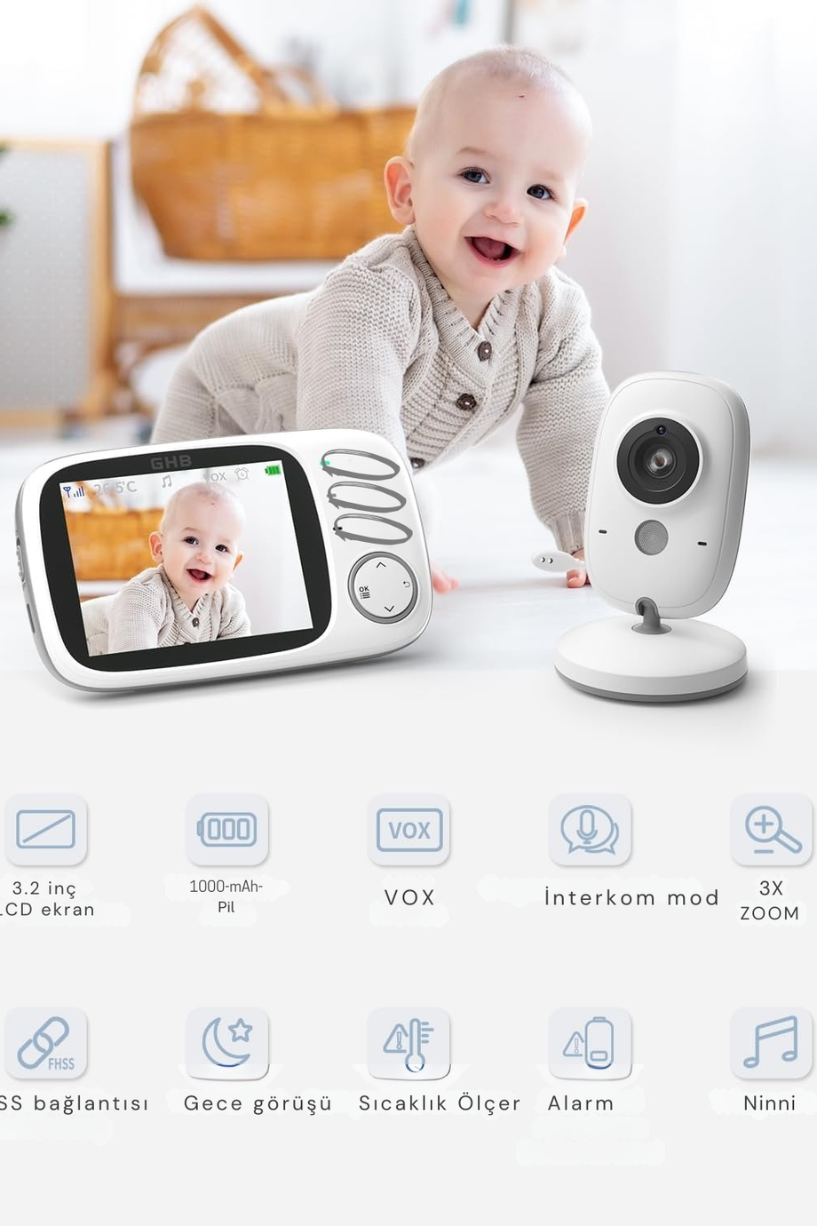 Bebek Kameralı Monitör, 3.2" LCD, Gece Görüşü, VOX Modu, İki Yönlü Konuşma, Ninni