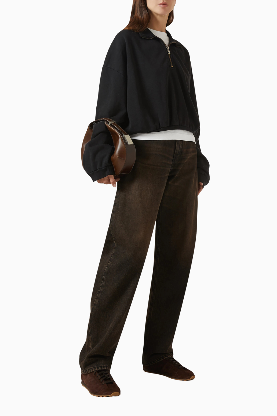 Barrel Fit Jeans, Kahverengi Denim-Lüks Deri Detaylı Kadın Jean