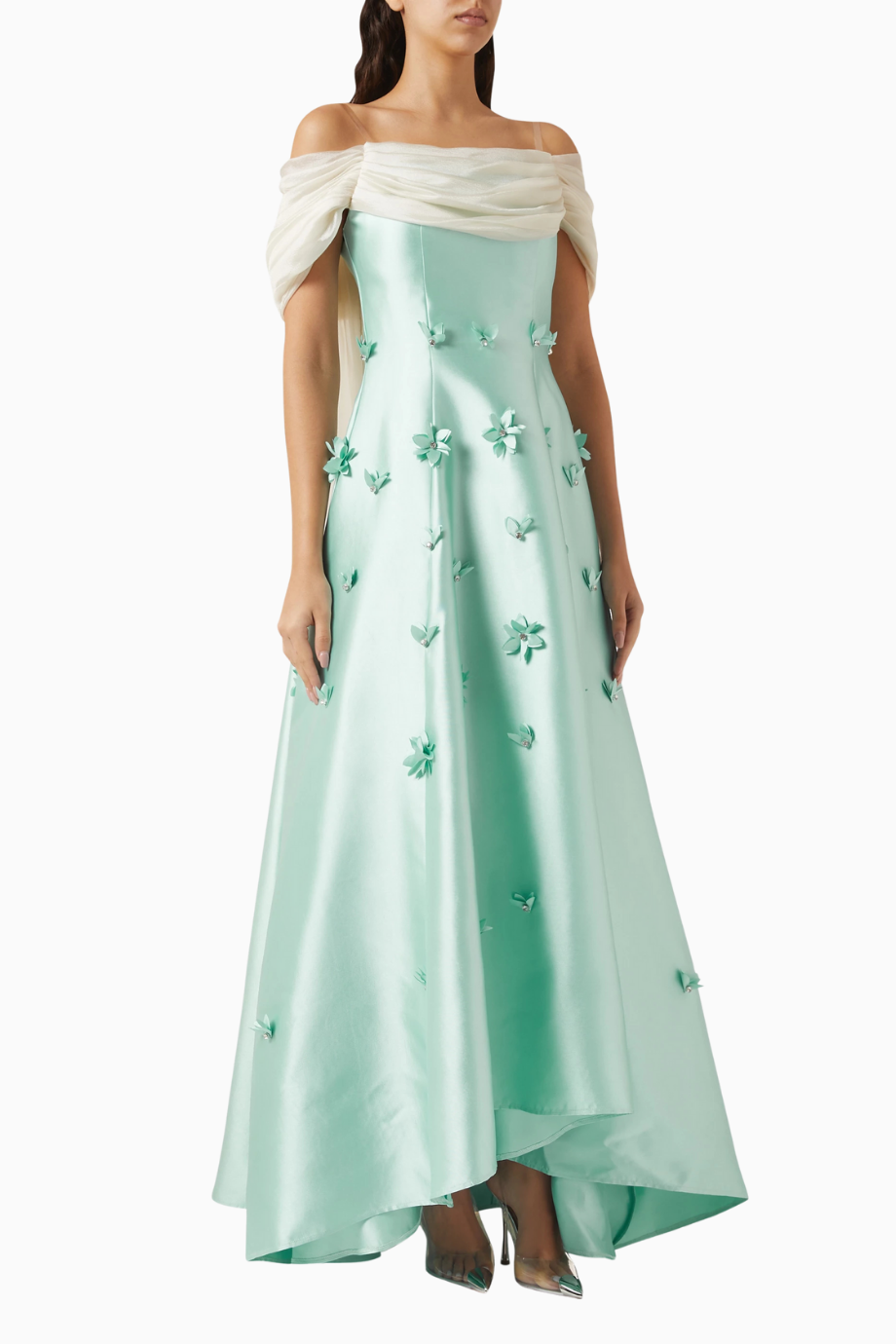 Off-shoulder Maxi Dress in Satin Çiçek Aplikeli Maxi Kadın Elbise