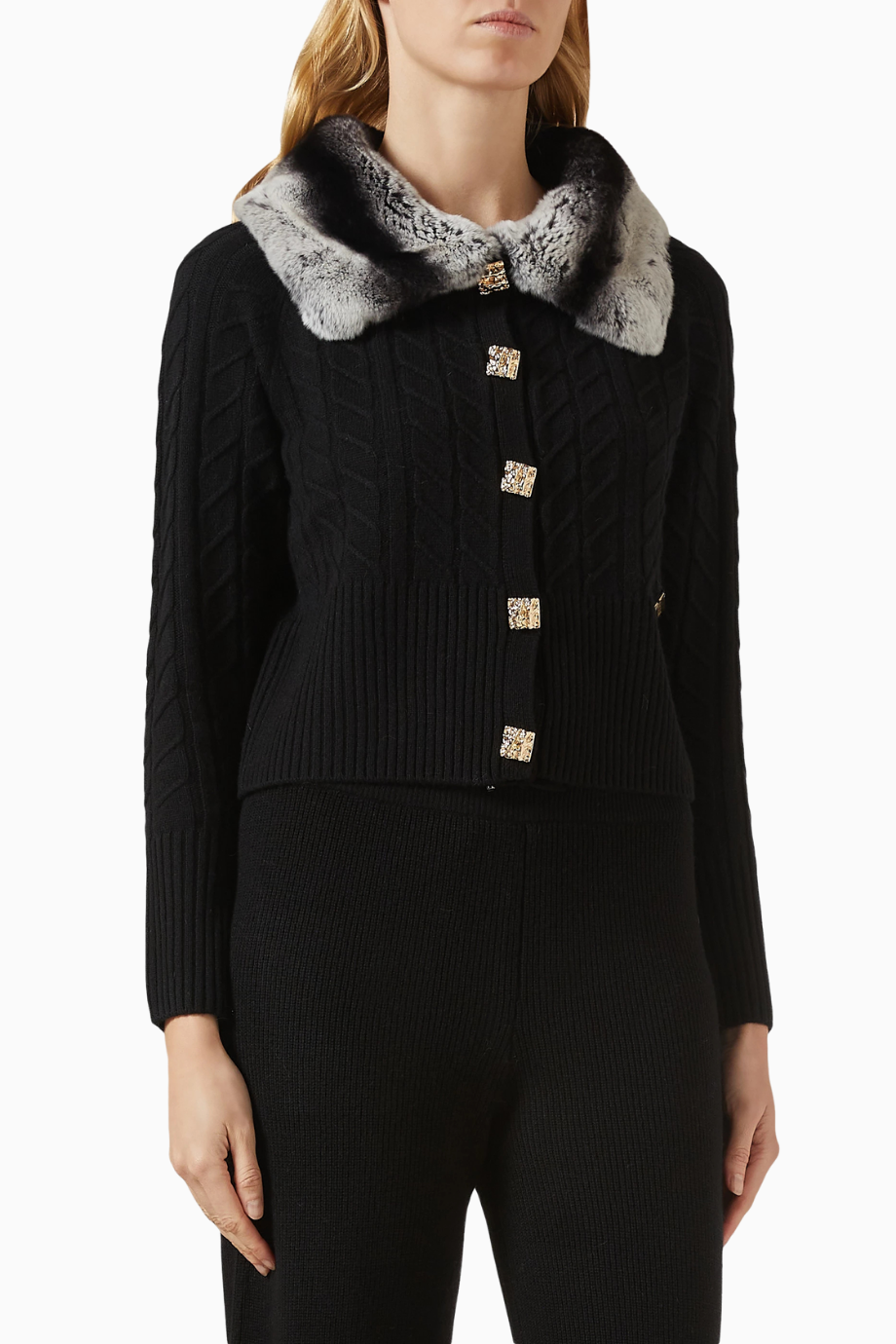 Fur-trim Buttoned Cardigan, Siyah Şık ve Lüks Kadın Yün-Kaşmir Hırka