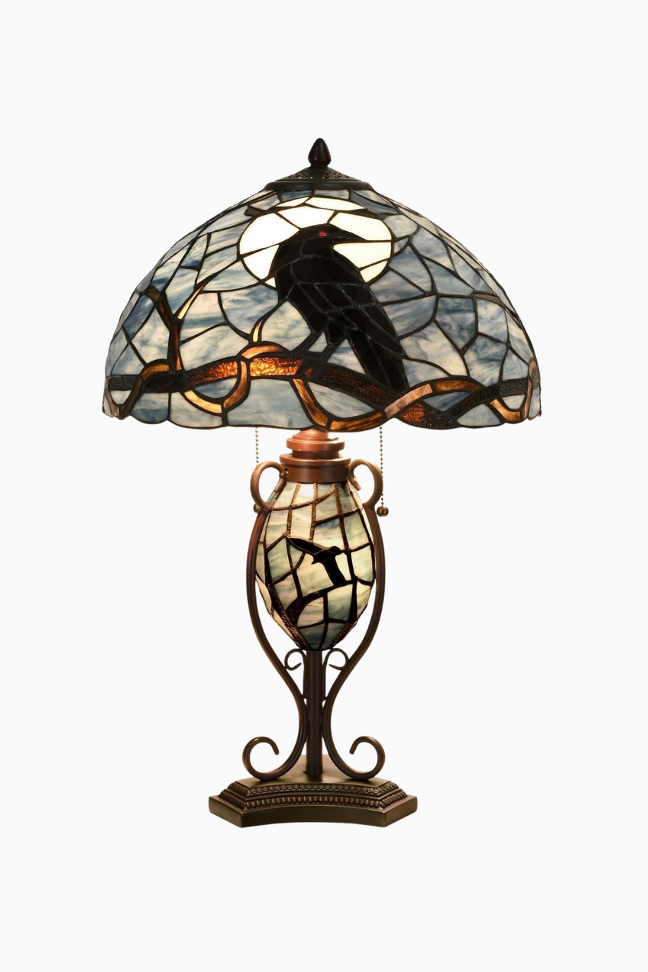 Raven Tiffany Stil Vitray Cam, El İşçiliği Dekoratif Masa Lambası