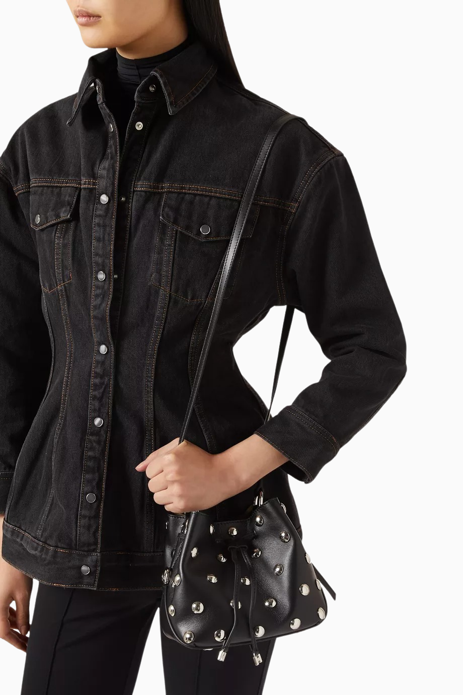 Mini Hocket Siyah Deri, Maxi Zımbalı Zarif ve Lüks Bucket Omuz Çantası