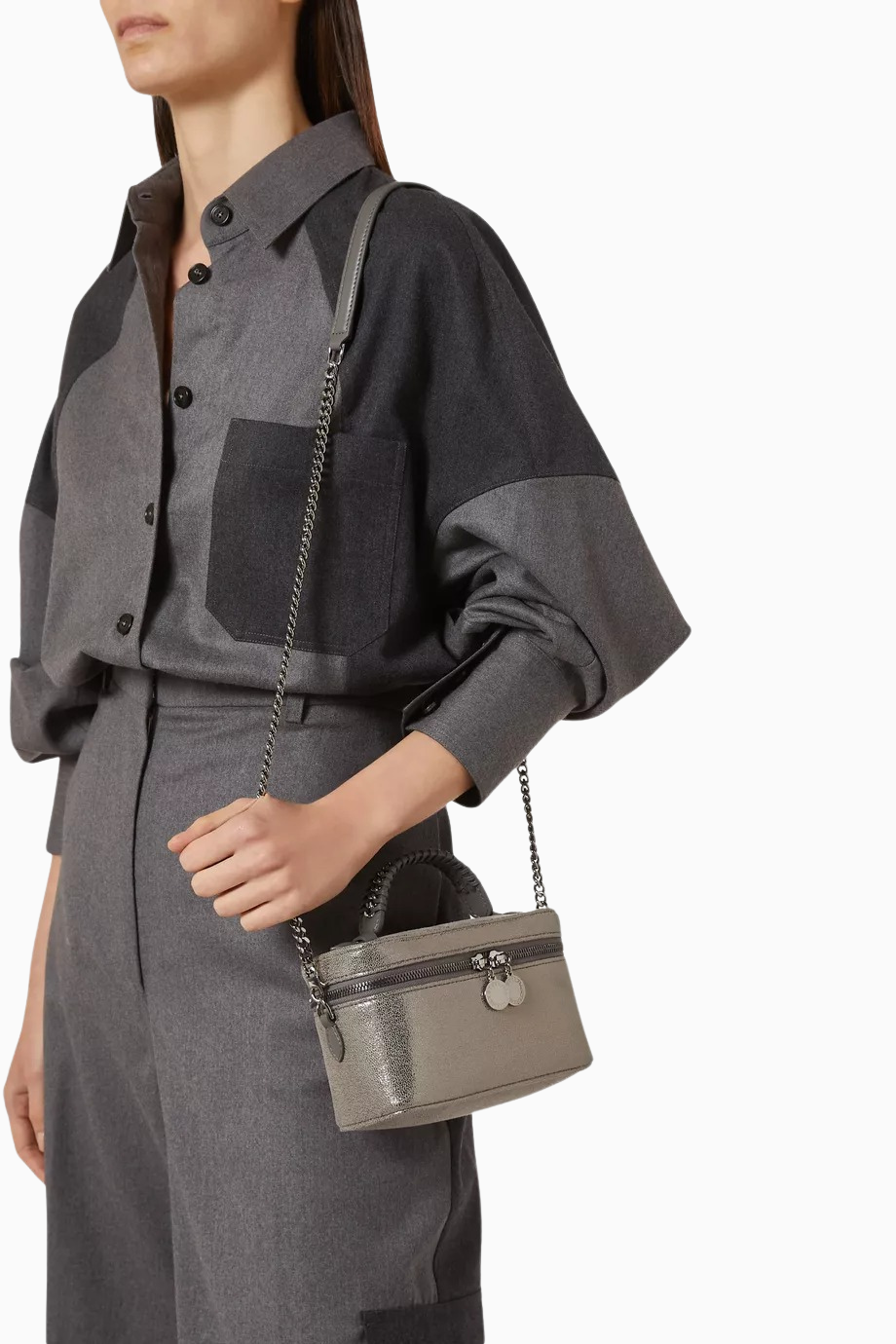 Metallic Eco Shaggy Deer, Zincir Detaylı, Vegan Deri Kozmetik ve Omuz Çantası