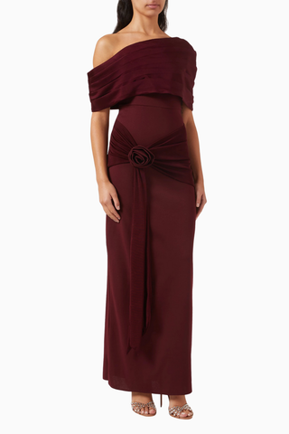Off-shoulder Rose Drape Gül Drapeli Omuz Dekolteli Uzun Kadın Elbise
