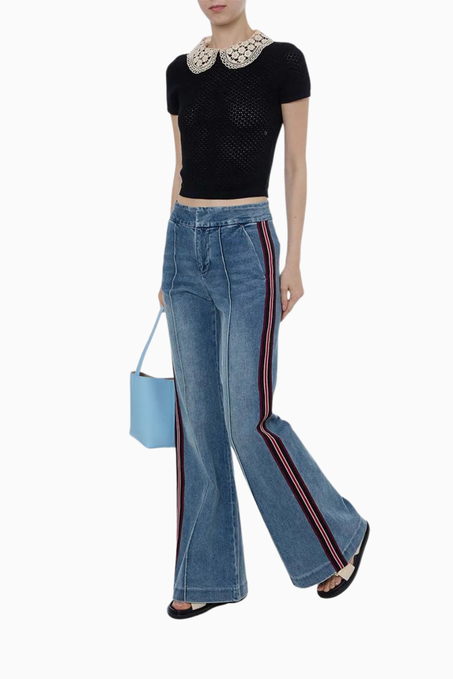 Çizgili Retro Tarz İspanyol Paça Jean