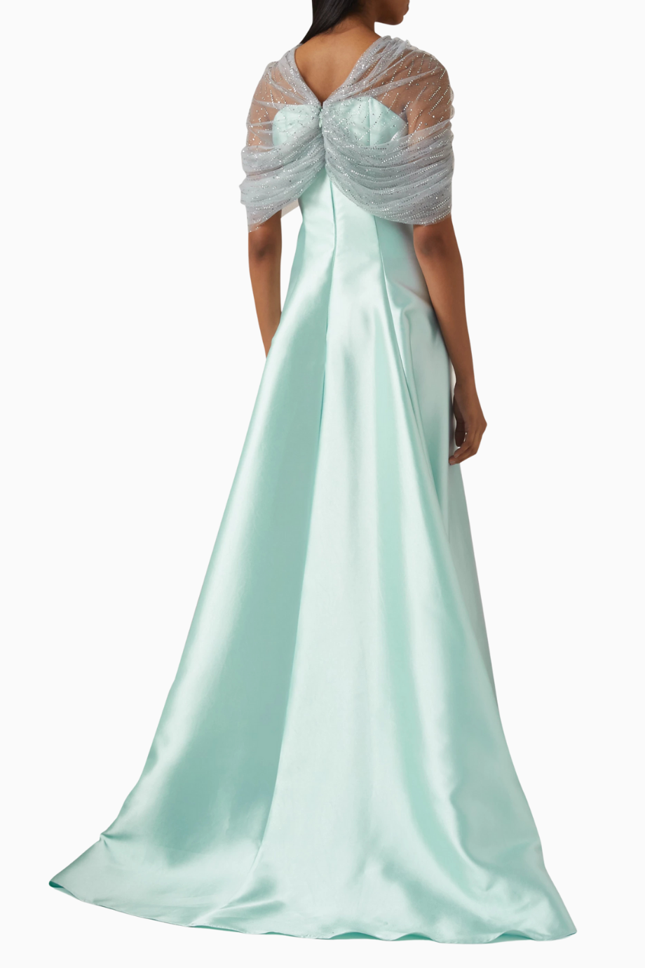 Crystal-embellished Cape Yeşil Pelerinli Maxi Kadın Elbise