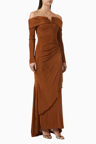 Off-shoulder Dress in Jersey Kahverengi Kadın Elbise