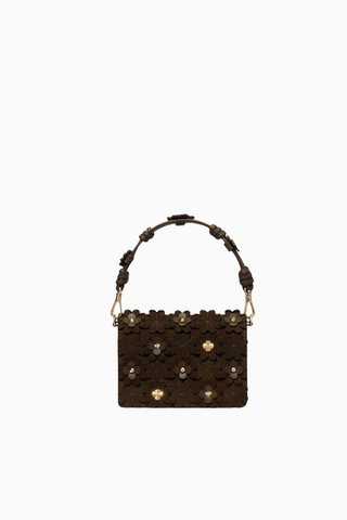 Natasha Floral Appliqué Top-Handle Çanta, Çiçek Detaylı Süet ve Altın Tonlu Lüks Kadın Çantası