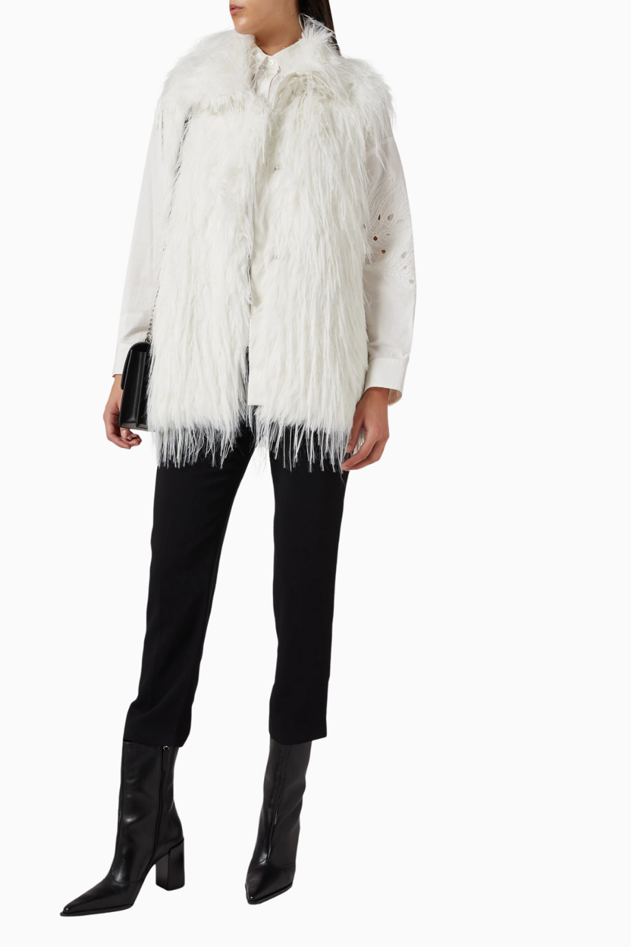 Neva Faux Fur Vest, Lüks Beyaz Kürk Görünümlü Yelek, Kurdele Detaylı
