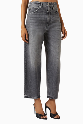 Estelle Balloon-Fit Jeans, Lüks Koyu Gri Denim Pantolon, Nakışlı Logo Detaylı