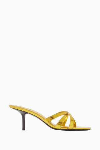 Julie 65 Altın Metalik Deri Mules, Çapraz Bantlı ve 65mm İnce Topuk