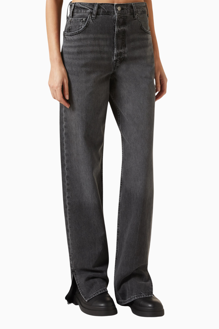 Roy Mid-Rise Denim Jean, Lüks Gri Kot Pantolon, Yan Yırtmaç Detaylı