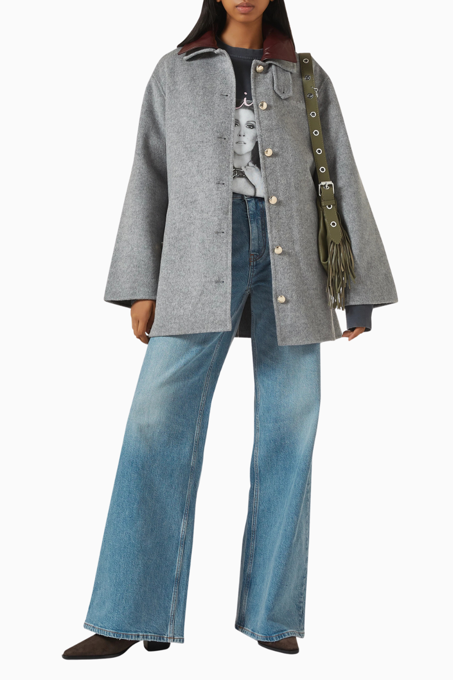 Gecana Gri Yün Kemerli Palto, Deri Yaka Detaylı Zamansız Şıklık