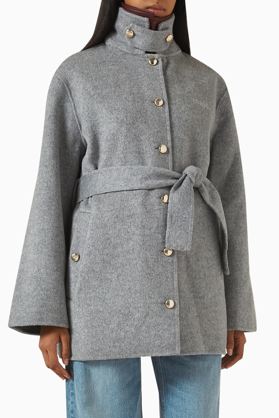 Gecana Gri Yün Kemerli Palto, Deri Yaka Detaylı Zamansız Şıklık