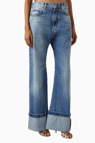 Wanda Turn-Up Wide-Leg Jeans, Lüks Mavi Denim Pantolon, Katlı Paça Detaylı