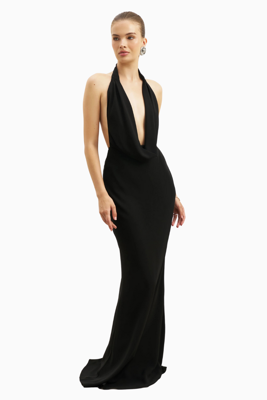 Chiffon Plunging Cowl Neck Maxi Dress Halter Low Back Gown Kadın Elbise