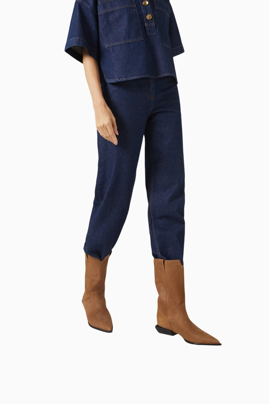 Ashley 30 Kahverengi Deri Western Topstitch, Düşük Blok Topuklu Lüks Bot