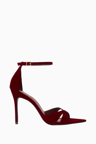 Strappy 100 Bordo Süet Crossover Bantlı, 100mm İnce Topuklu Lüks Sandalet