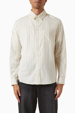 Clement Striped Cotton-Wool Çizgili Erkek Gömlek Off White