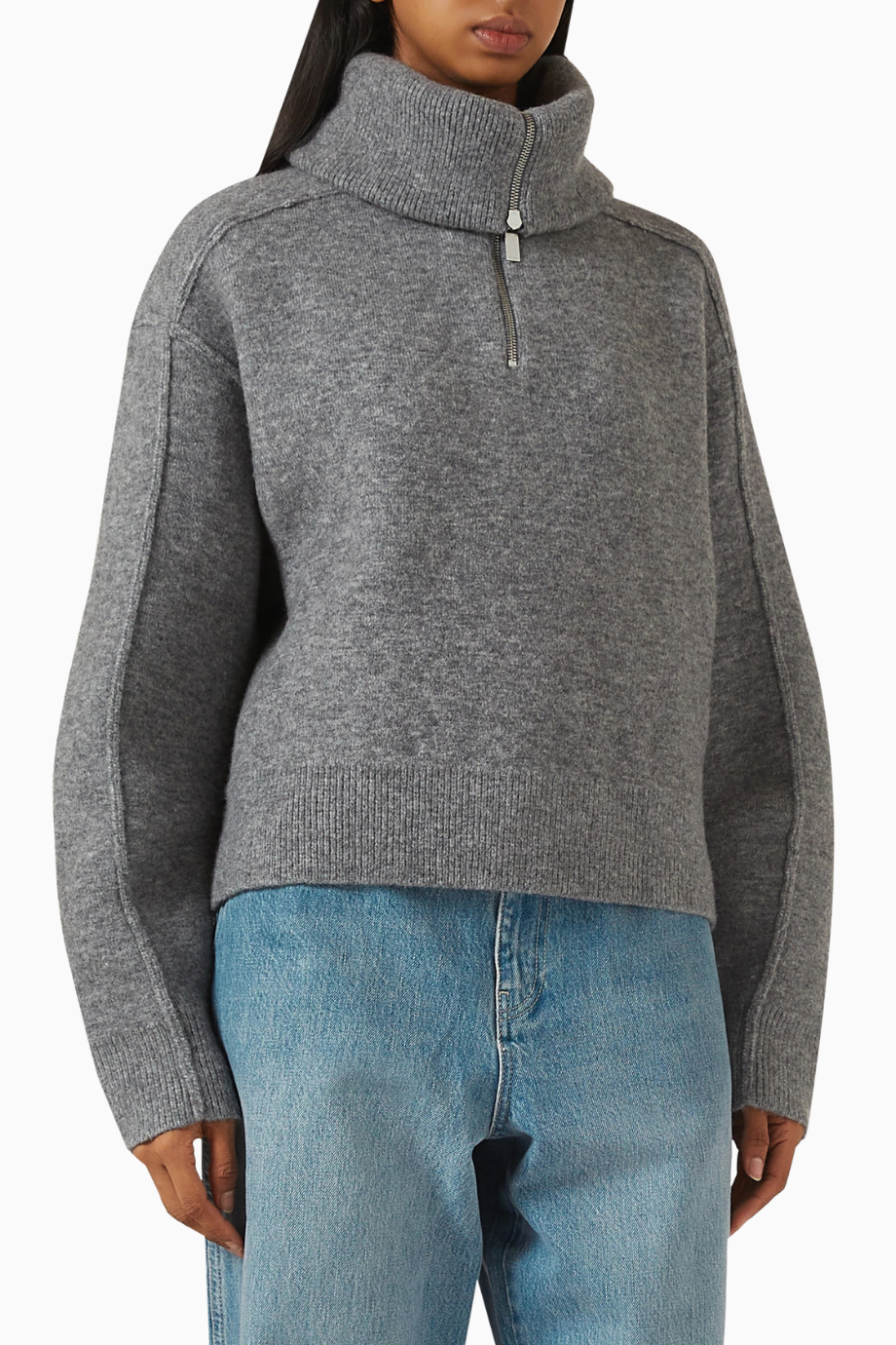 Polar Half-Zip Knit Sweater, Gri Lüks Yarım Fermuarlı Triko
