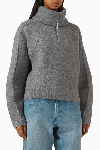 Polar Half-Zip Knit Sweater, Gri Lüks Yarım Fermuarlı Triko