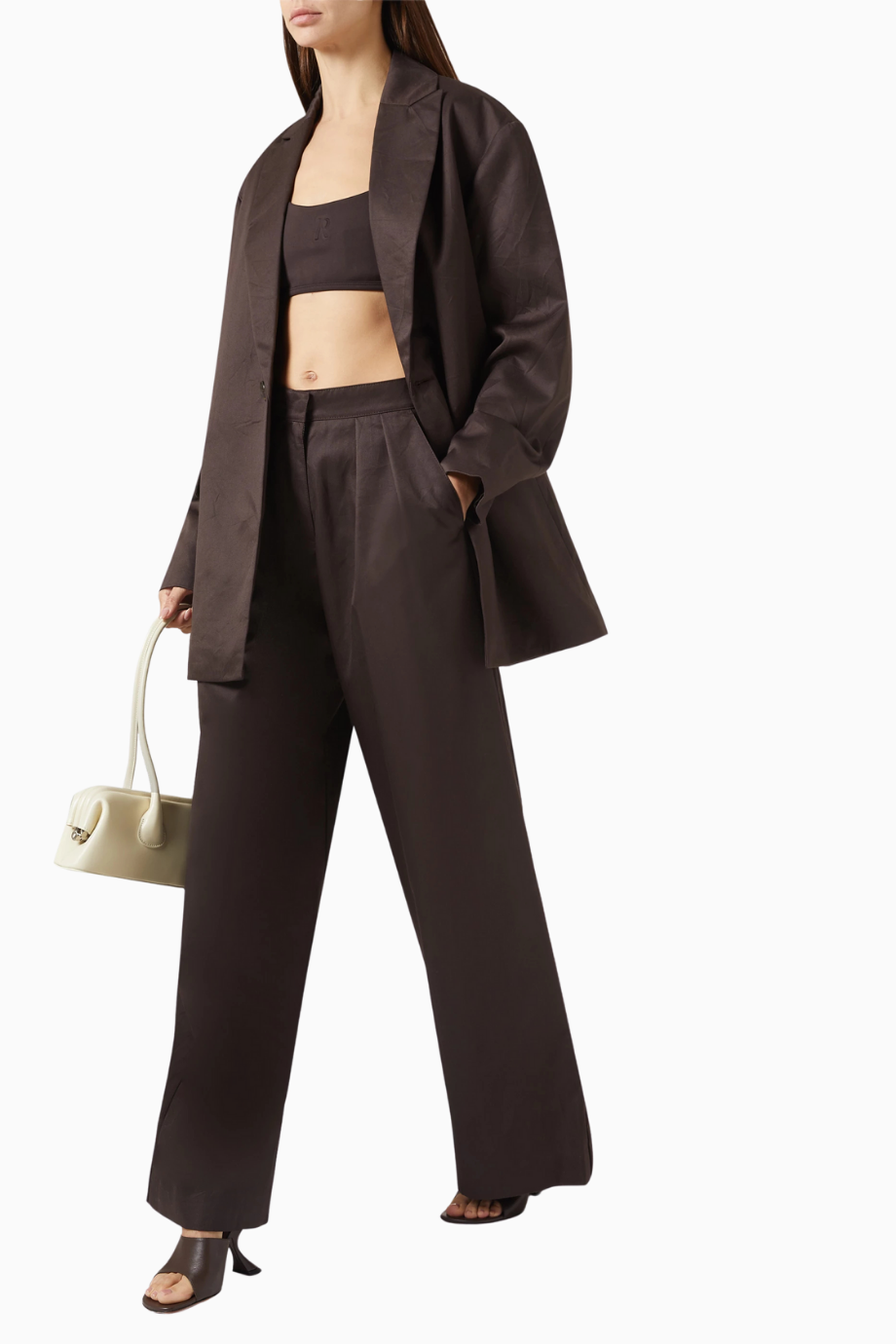 Crimp Wide-leg Pants, Kahverengi Lüks Dokulu Geniş Paçalı Pantolon