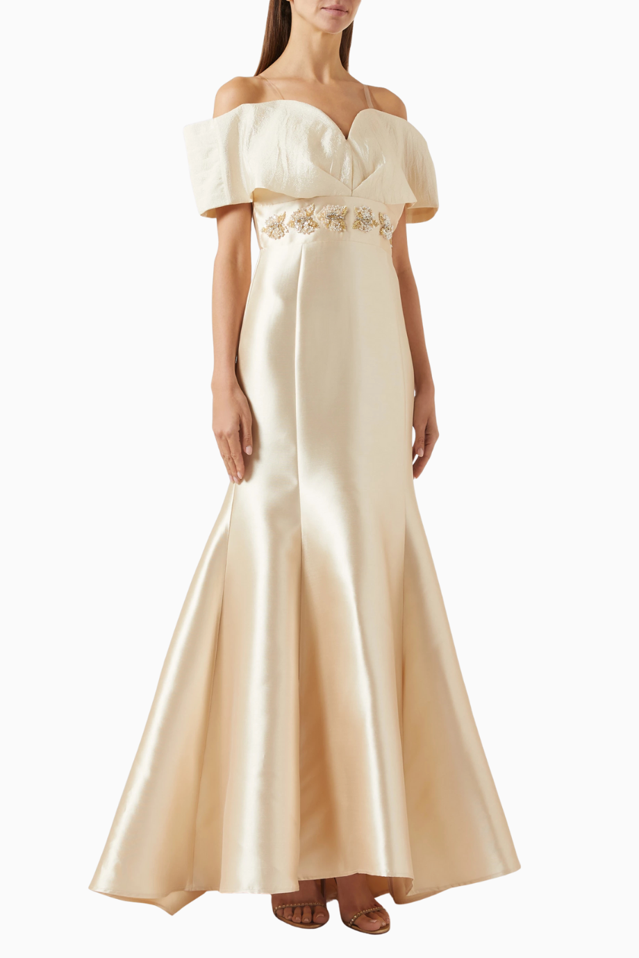 Embellished Off-shoulder Omuz Açık Saten Balık Form Kadın Elbise