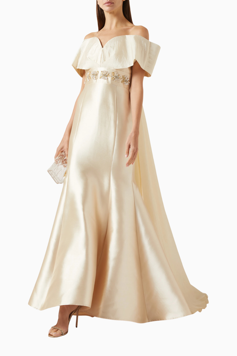 Embellished Off-shoulder Omuz Açık Saten Balık Form Kadın Elbise