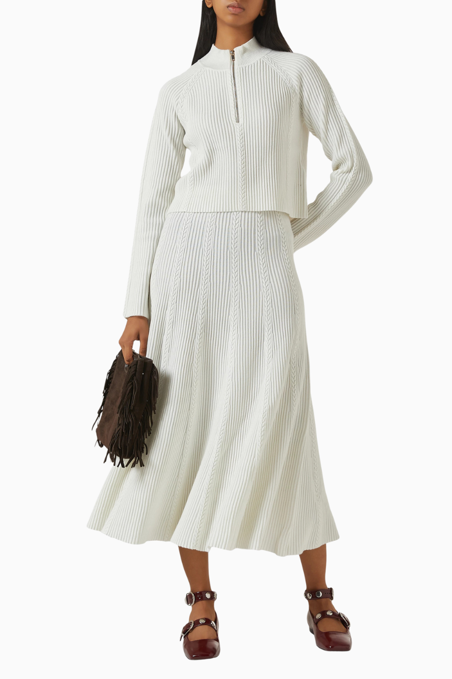 Jougeir Off-White Cable Knit Midi Etek, Zarif ve Konforlu Triko