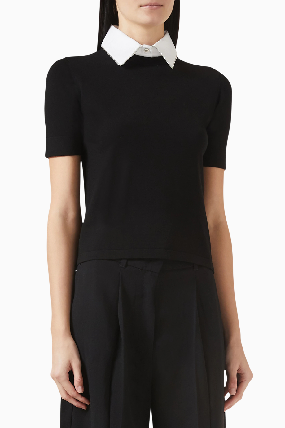 Crystal İşlemeli Siyah Triko Tişört, Şık ve Işıltılı Günlük Stil