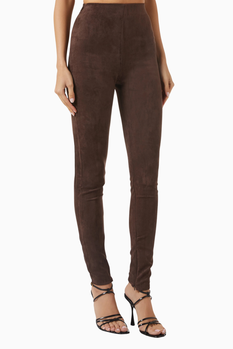 High-Waisted Leggings, Koyu Kahverengi Faux Suede, Yüksek Bel Lüks Tayt