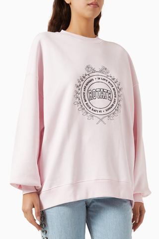 Heavy Organik Kot Pembe, Oversize Baskılı Kadın Sweatshirt