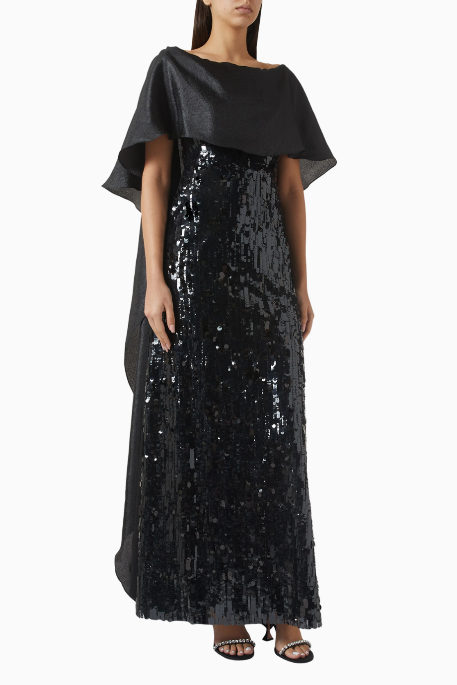 Sequinned Cape Payetli Pelerin Detaylı Siyah Maxi Kadın Elbise