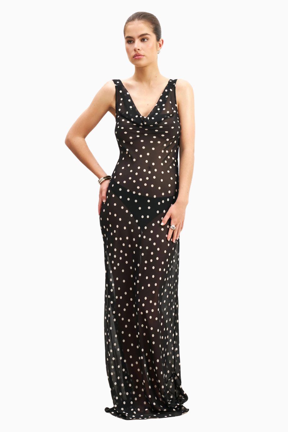 Chiffon Cowl Neck Gown Semi-Sheer Draped Maxi Dress Kadın Elbise