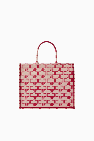 Large Monogram Tote Çanta, Jakarlı Kumaş EF Logolu Lüks Omuz Çantası