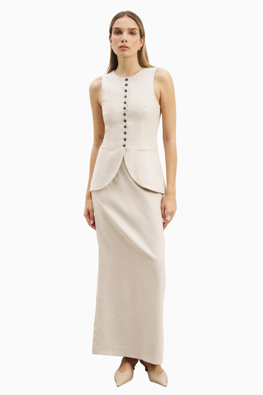 Mid Rise Linen Keten Maxi Kadın Etek