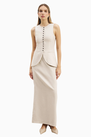 Mid Rise Linen Keten Maxi Kadın Etek