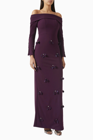 Chanda Off-Shoulder Maxi Kadın Elbise Koyu Mor